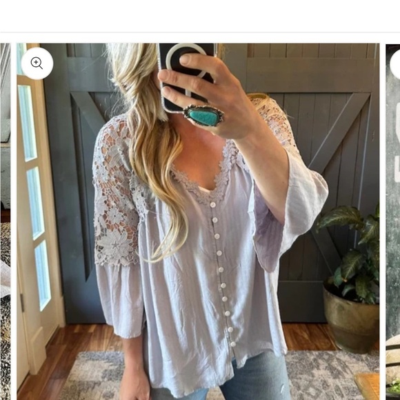 lavender Tribe Tops - Lavender Tribe Lace Sleeve Button-Up Blouse - Light Gray size large